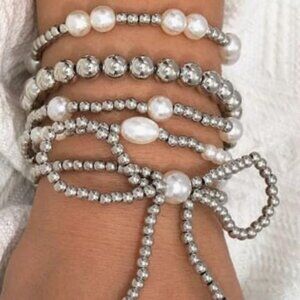 Silver Stackable Pearl Beaded & Boho Seed Beads Bracelet Set